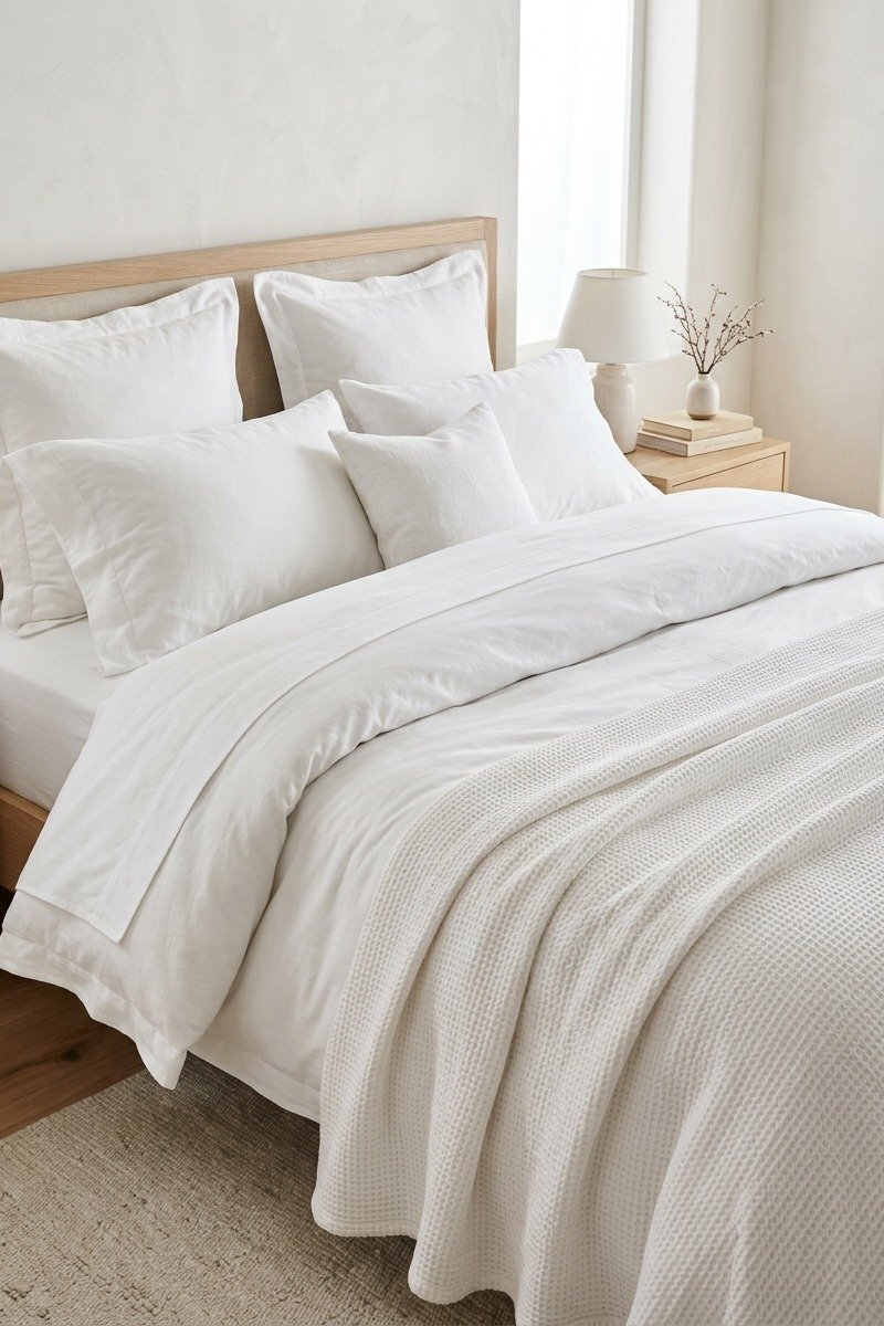 Crisp white hotel style bedding