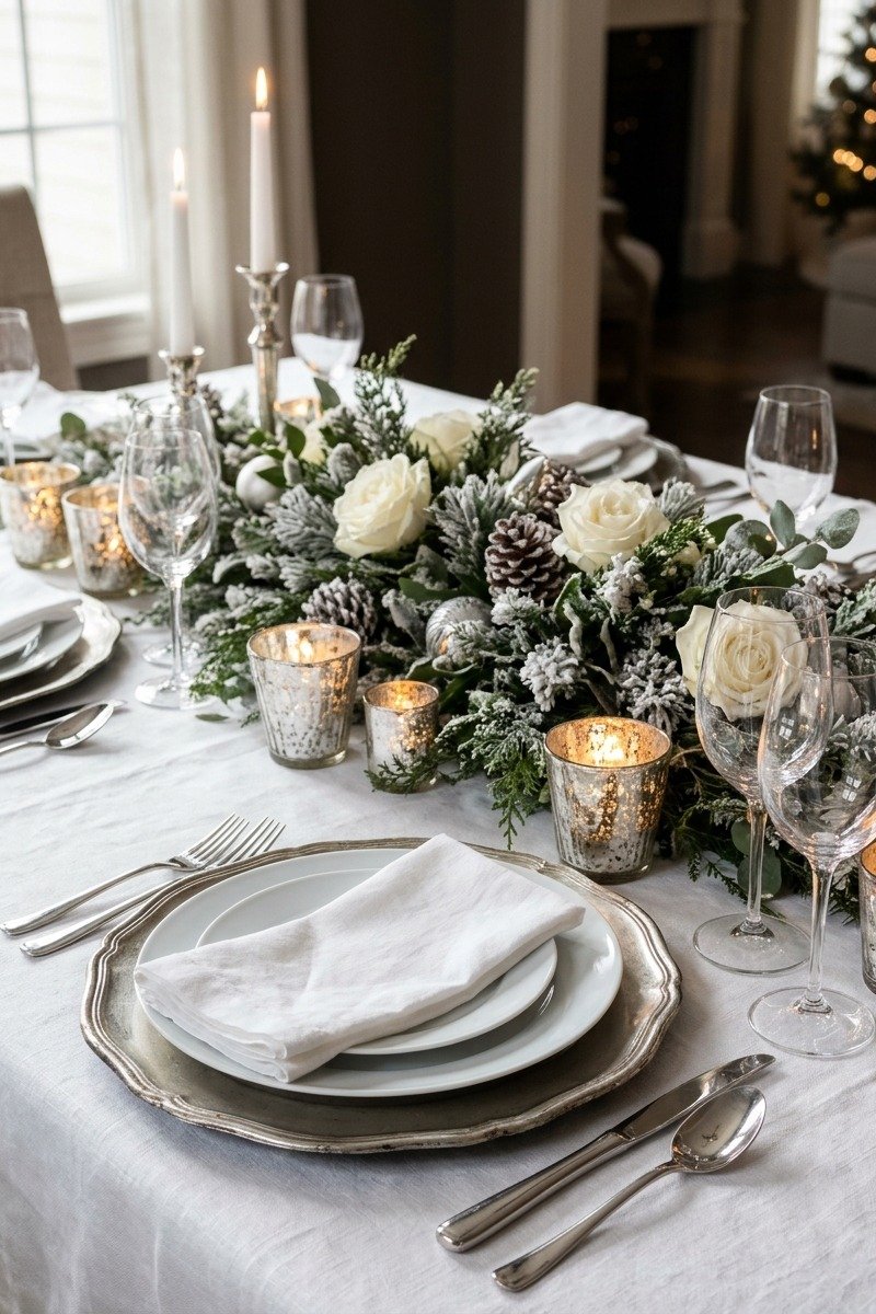 White and silver winter wonderland Christmas table