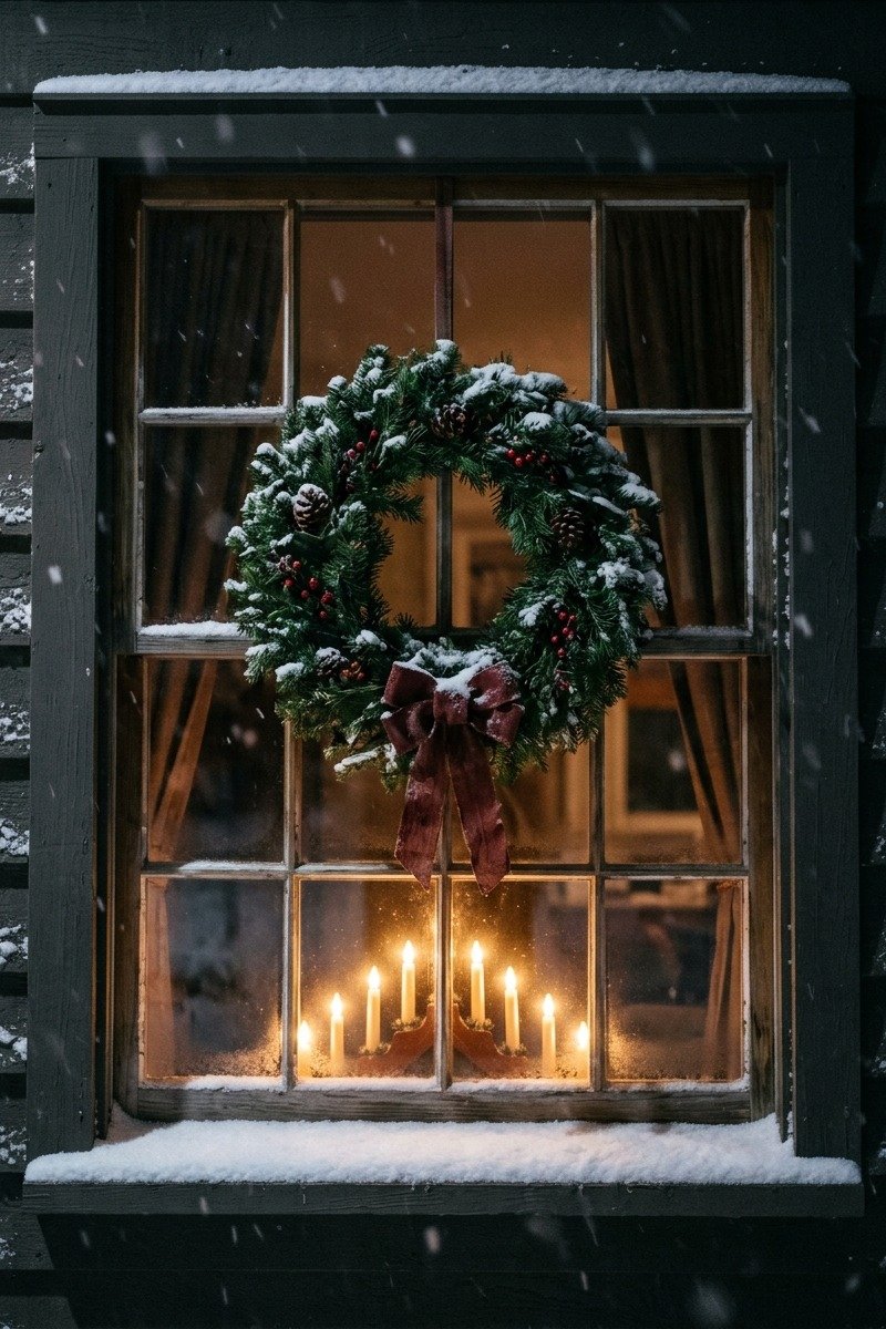 Electric window candles glowing in a house window