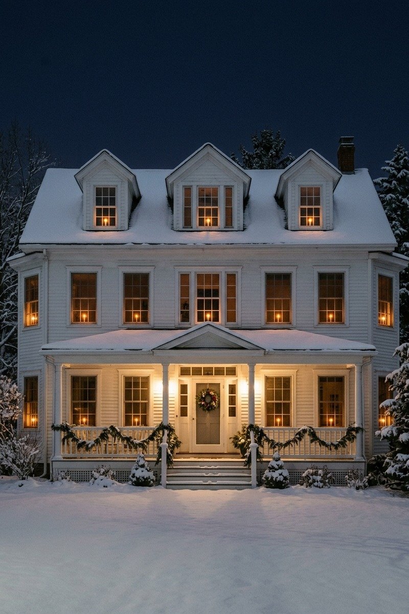 Window candles glowing at night