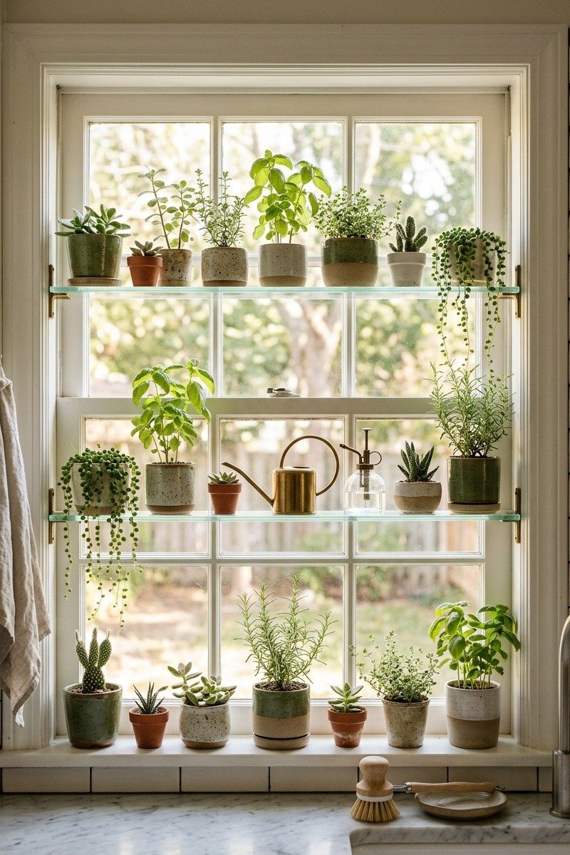 Glass shelves with plants in a window