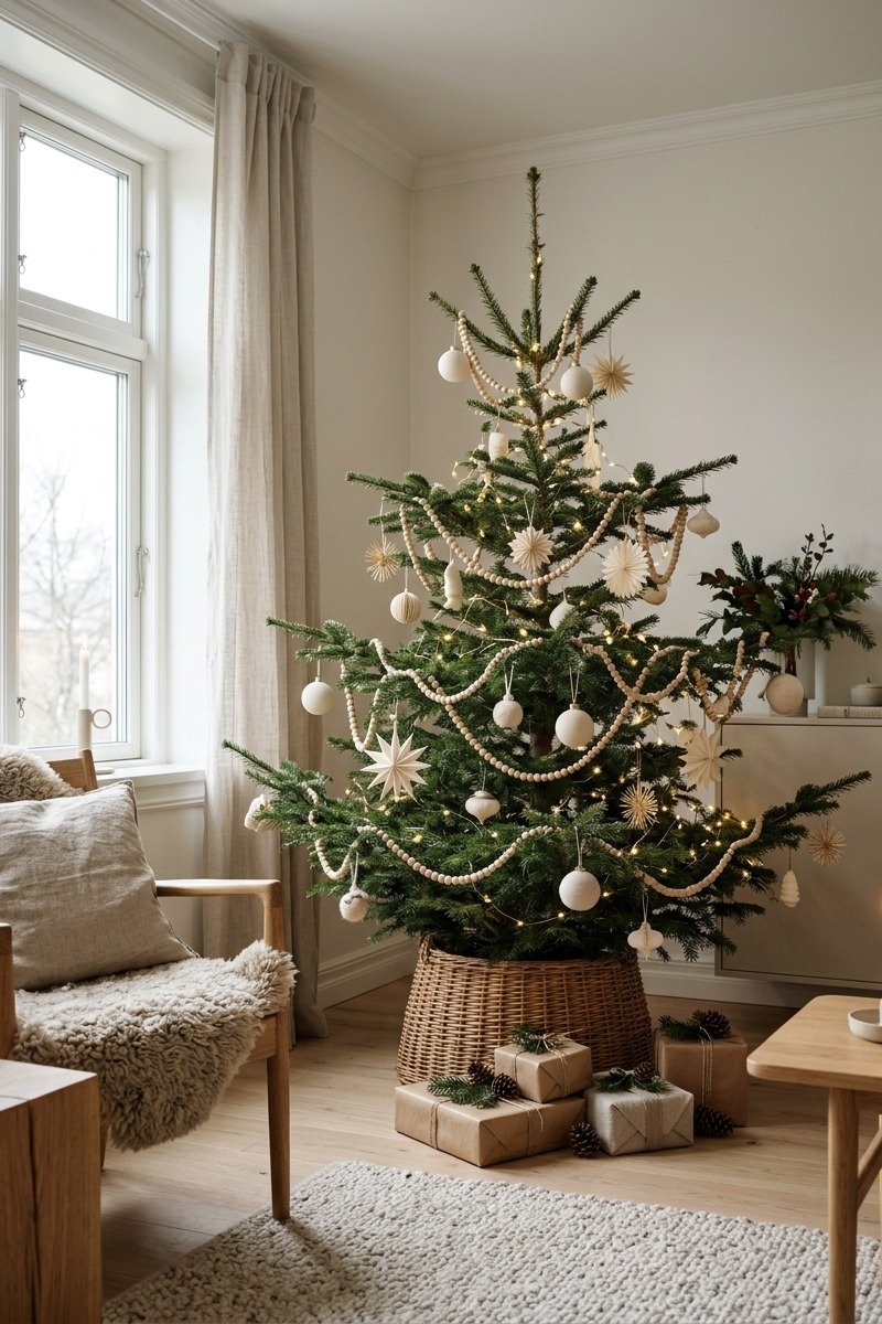 Wood bead garland on a Christmas tree