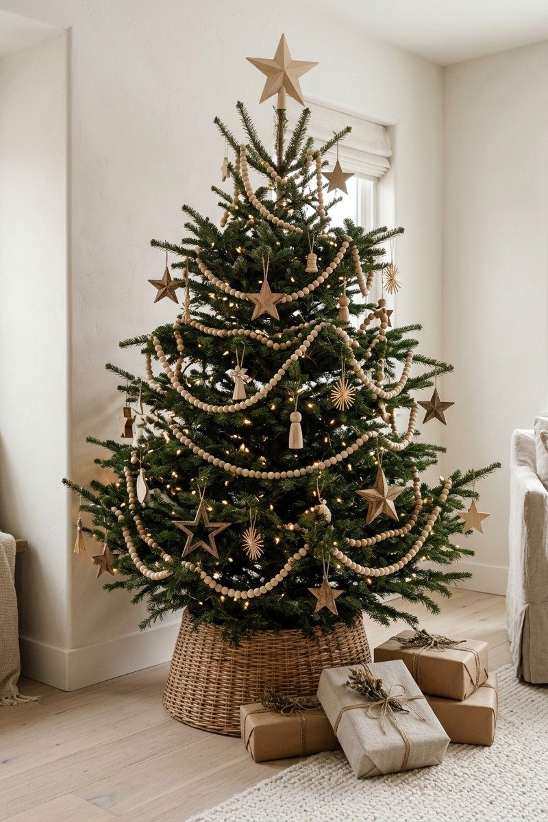 Wood bead garland on a Christmas tree