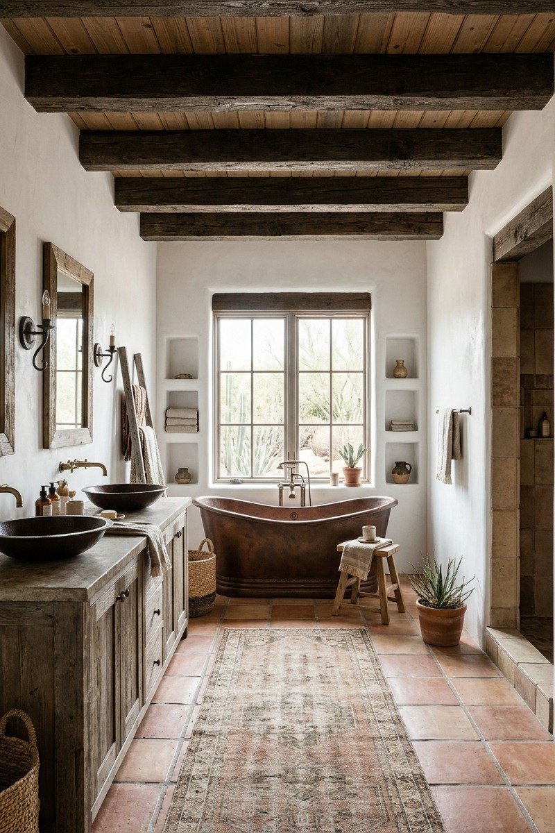 Bathroom with exposed wooden ceiling beams