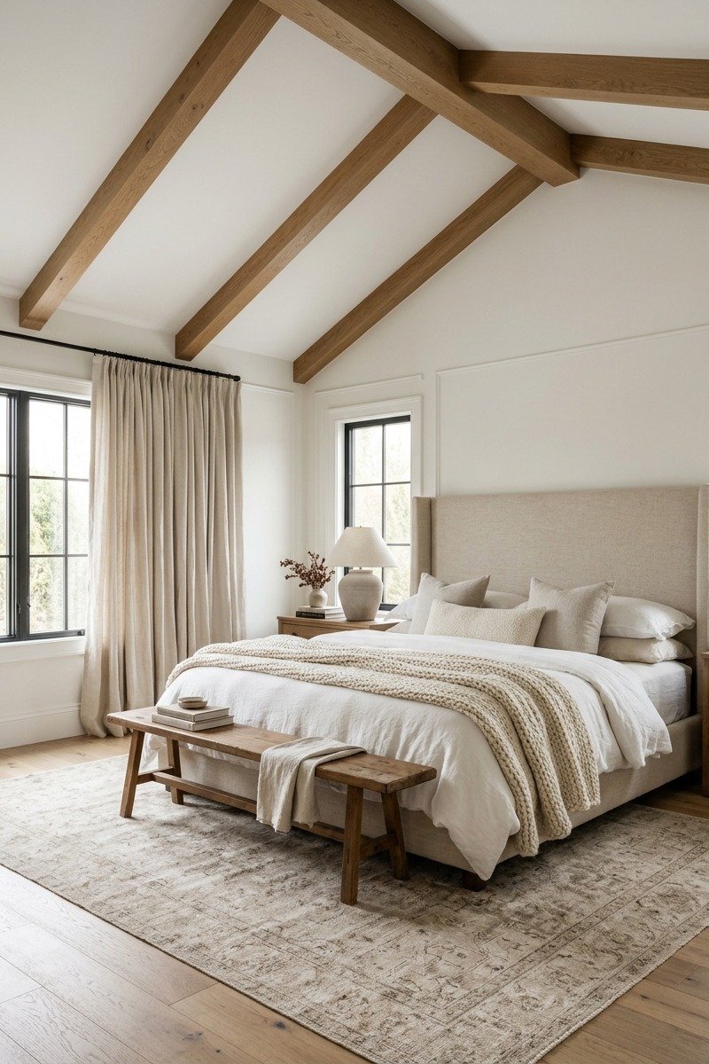 Luxury master bedroom with exposed oak ceiling beams and white walls