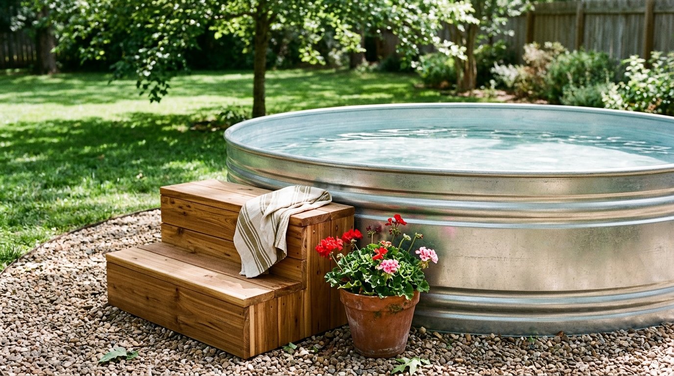 Cedar wooden steps leading into a galvanized stock tank pool