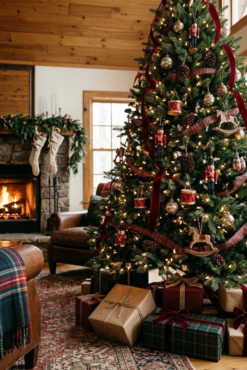 Wooden toy soldier ornaments on a tree
