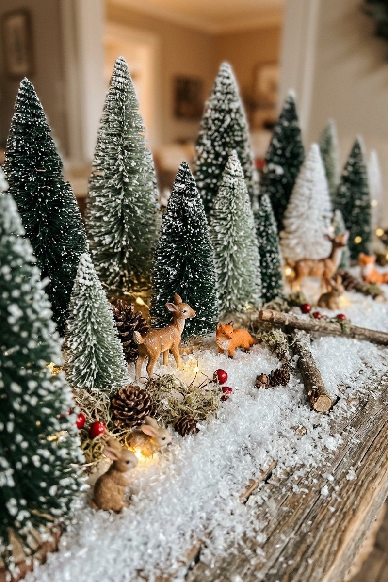 Woodland animal figurines in a snowy scene