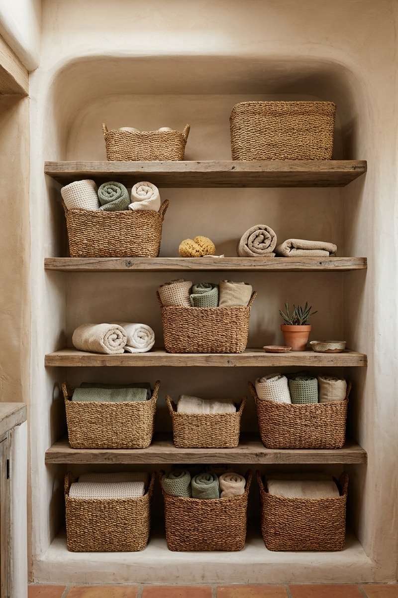 Woven baskets storing towels in a bathroom