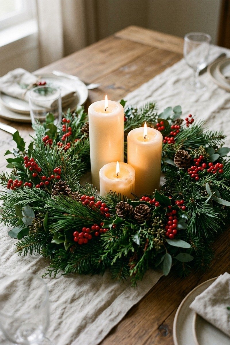 Wreath centerpiece with candles in the center