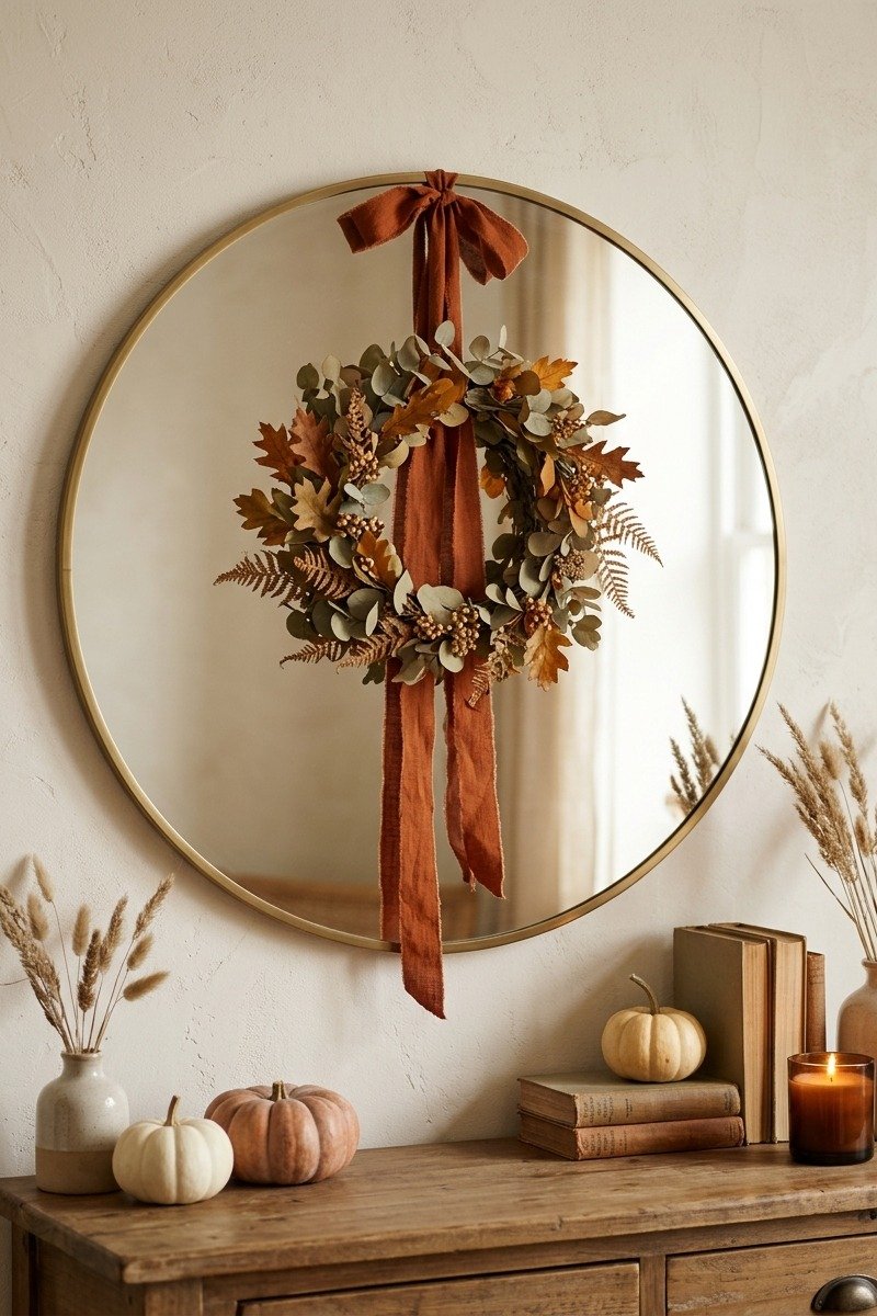 Small autumn wreath hung on a mirror