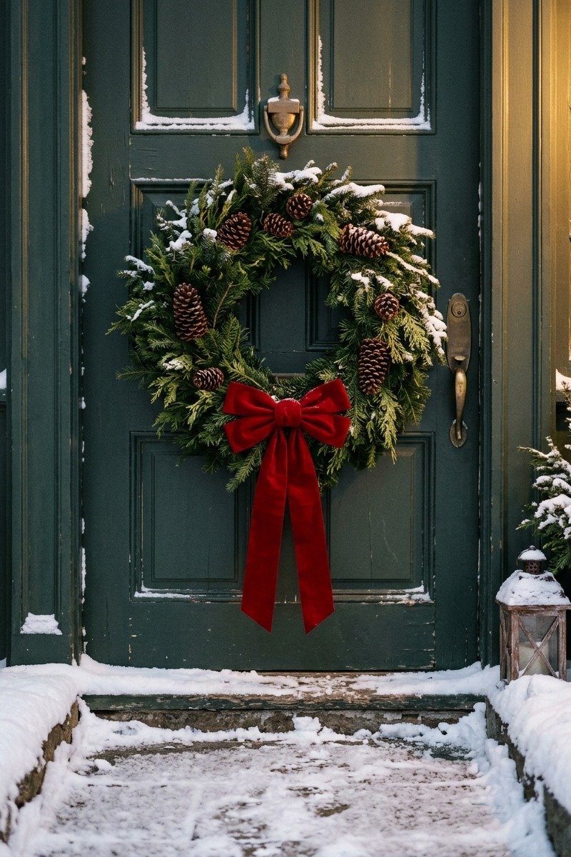 Classic pine wreath with red bow on a front door