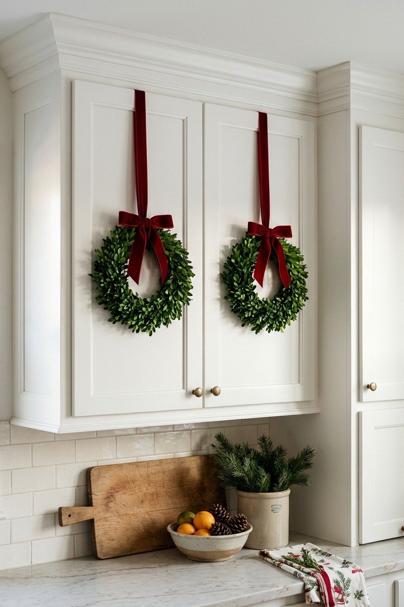 Small wreaths hung on kitchen cabinet doors
