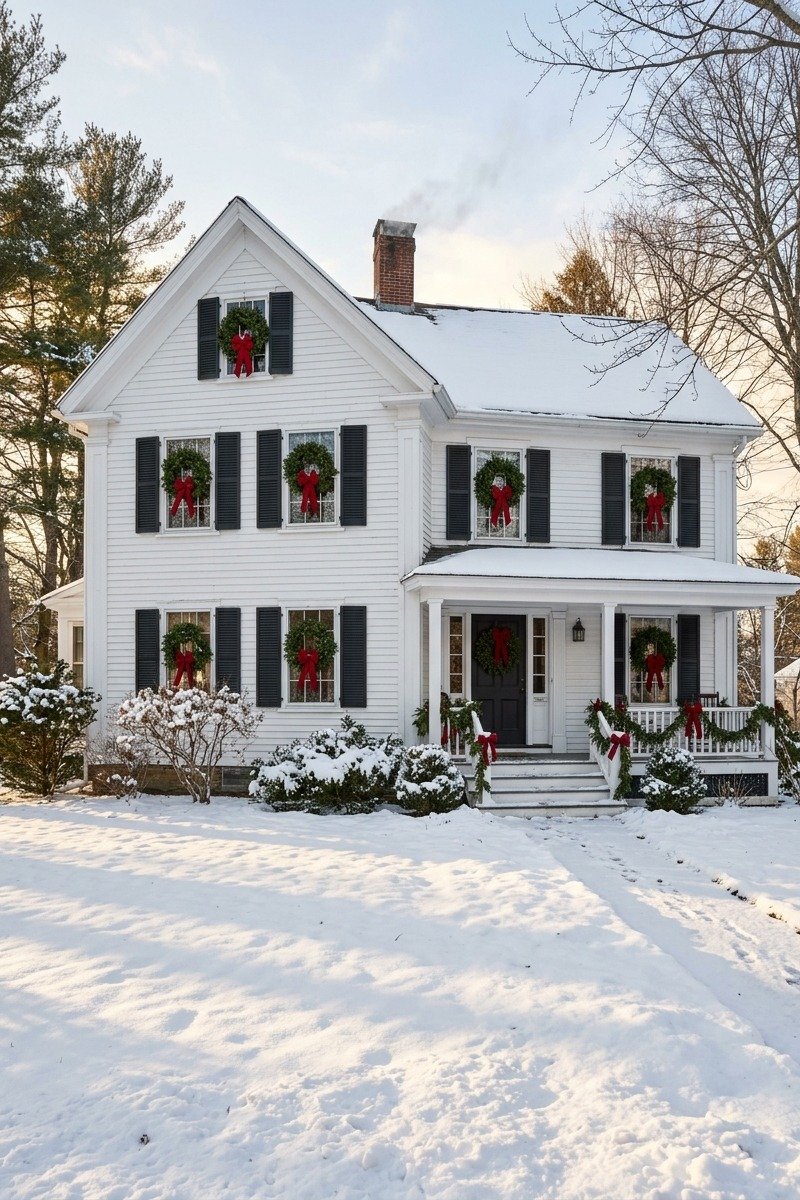 Fresh wreaths with red bows hung on windows