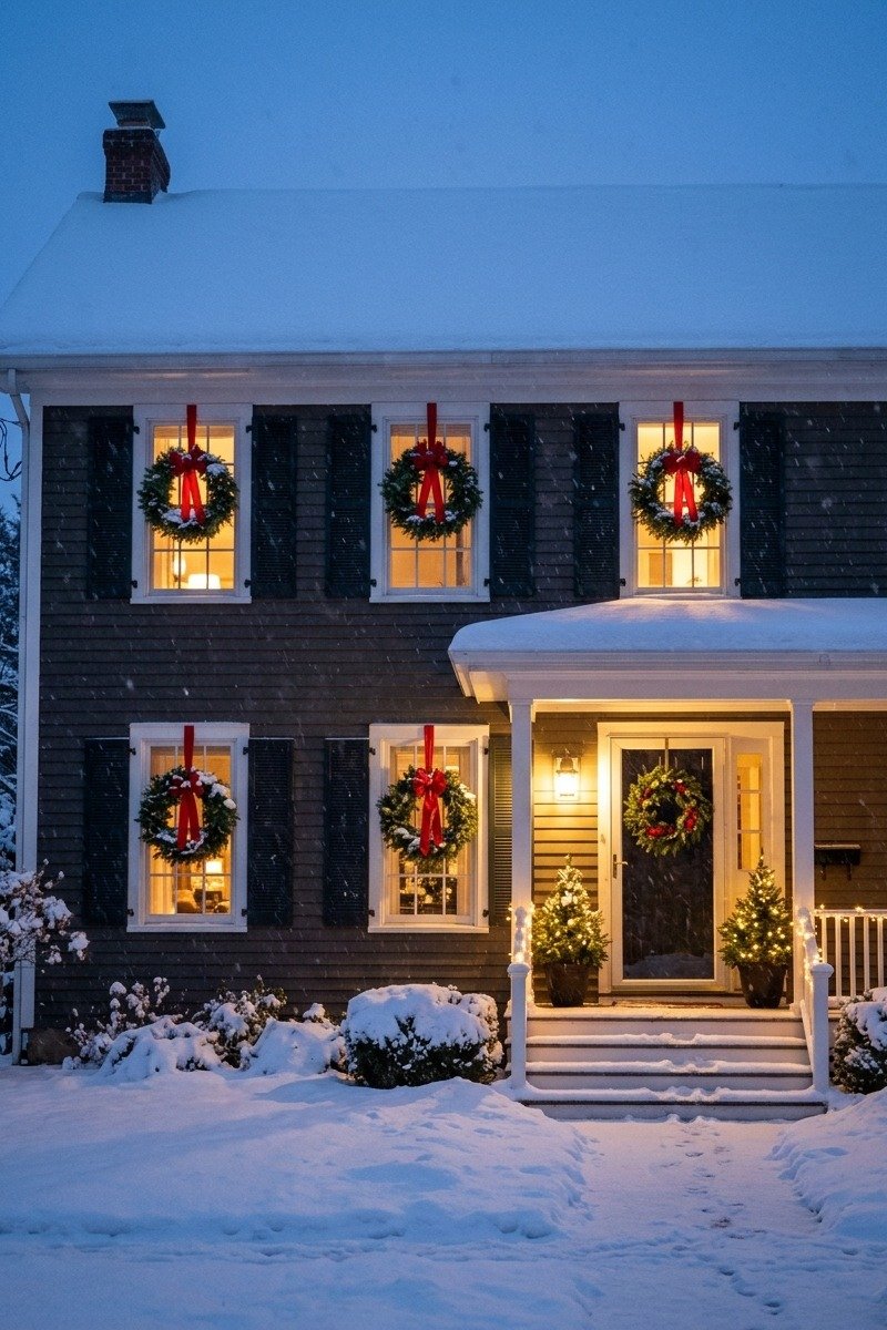 Wreaths hung in every window of a house