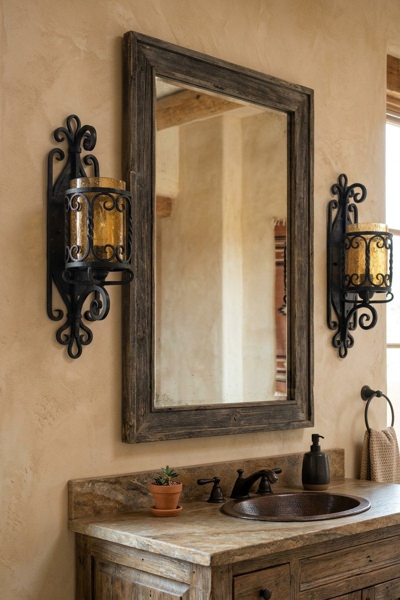 Wrought iron wall sconces in a bathroom