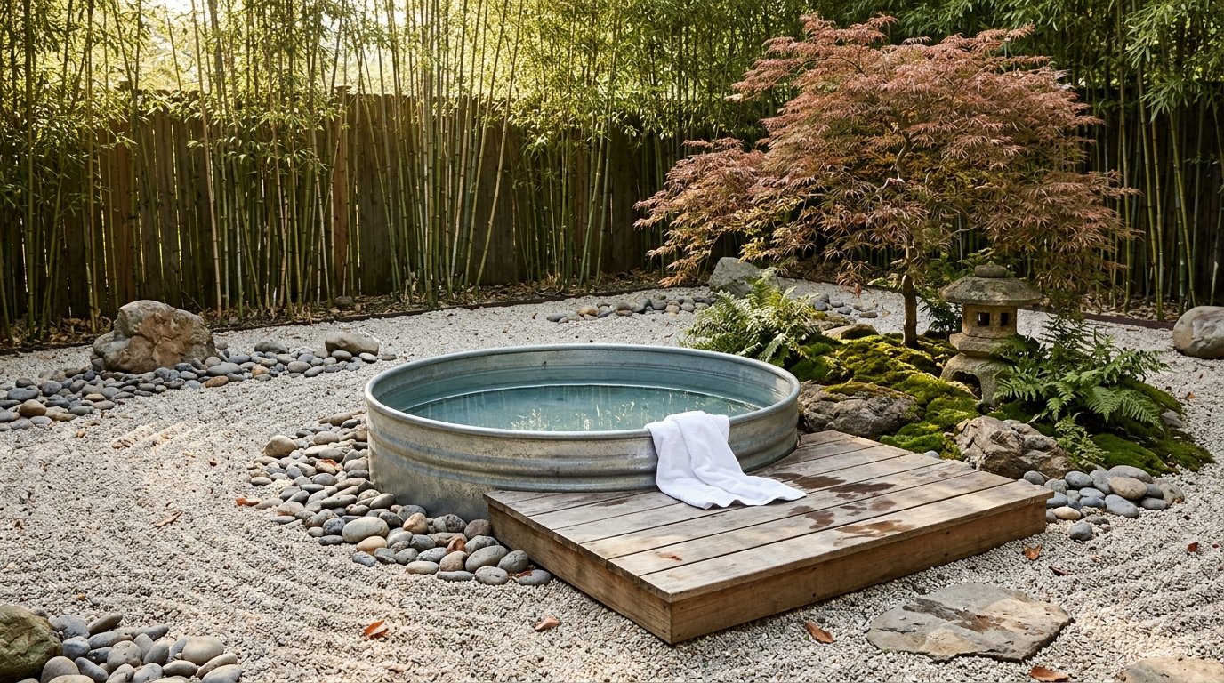 Zen garden stock tank pool with bamboo screen, river stones and Japanese maple